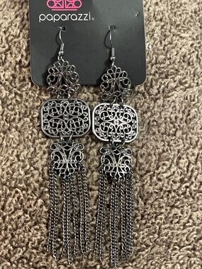 NEW CHANDELIER GUN METAL FRINGE EARRINGS